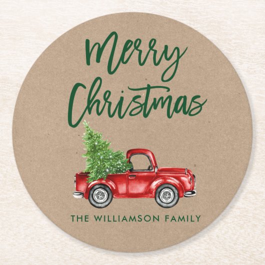 Kraft Green Brush Script Truck Kerstmis Ronde Kartonnen Onderzetter (Voorkant)