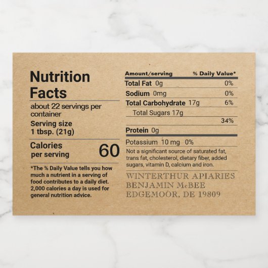 Kraft Honey - valeur nutritive Rectangle Étiquette (Étiquettes simples)