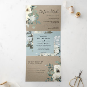 KRAFT IVORY WHITE FLORAL WATERVERF BUNCH WEDING DRIELUIK UITNODIGING