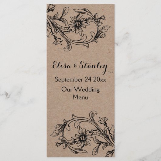 Kraft karton bloemenbruiloft menukaart (Voorkant)