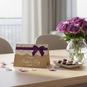Kraft, Lace en Paarse Bow Happy Moederdag Kaart