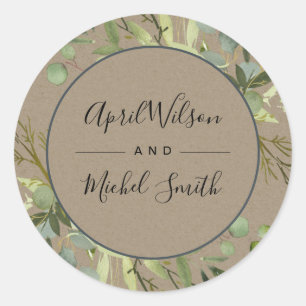 KRAFT LEAFY GREEN GOLD FOLIAGE WATERVERF WEDDING RONDE STICKER