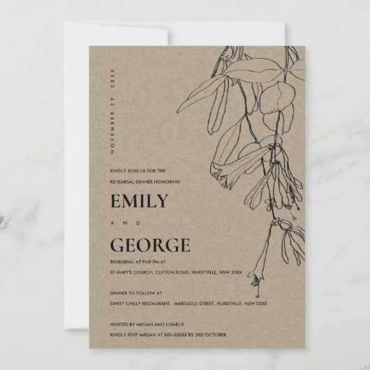 KRAFT LINE DRAWING FLORAL REHEARSAL DINNER INVITE BEDANKKAART (Voorkant)