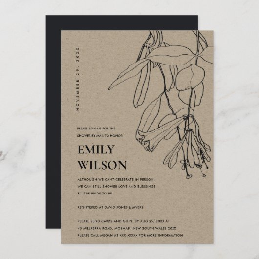 KRAFT LINE DRAWING FLORAL SHOWER BY MAIL INVITE BEDANKKAART (Voorkant / Achterkant)