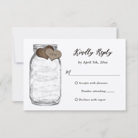 Kraft Mason Jar Hearts Lights Wedding RSVP Kaart (Voorkant)