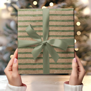 Kraft met groene strepen Waterverf Cadeaupapier