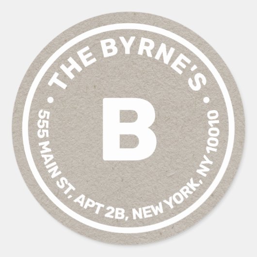 Kraft Monogram Adres Classic Round Sticker (Voorkant)