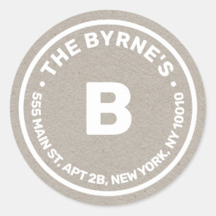 Kraft Monogram Adresse Classic Round Sticker