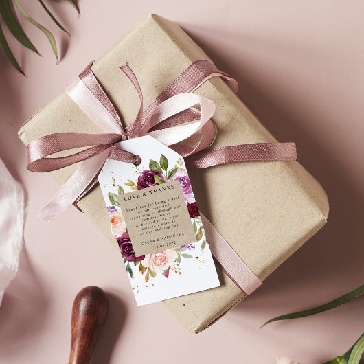 Kraft Moody & Rustic Burgundy Floral Lijst & Gold Cadeaulabel