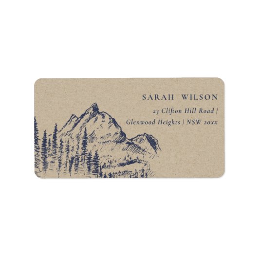 Kraft Navy Pine Bossen Mountain Sketch Adres Etiket (Voorkant)