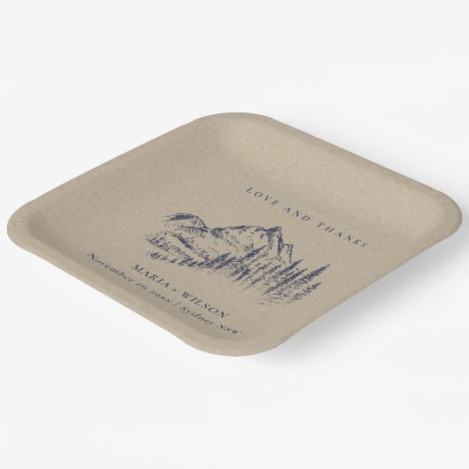 Kraft Navy Pine Bossen Mountain Sketch Wedding Papieren Bordje (Gebogen)