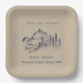 Kraft Navy Pine Bossen Mountain Sketch Wedding Papieren Bordje (Voorkant)