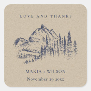 Kraft Navy Pine Bossen Mountain Sketch Wedding Vierkante Sticker