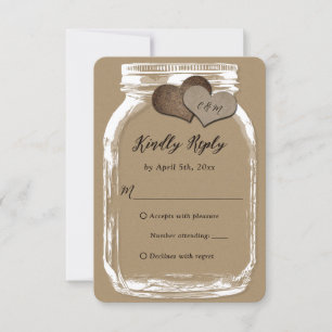 Kraft Paper Mason Jar Two Hearts Wedding RSVP Kaartje