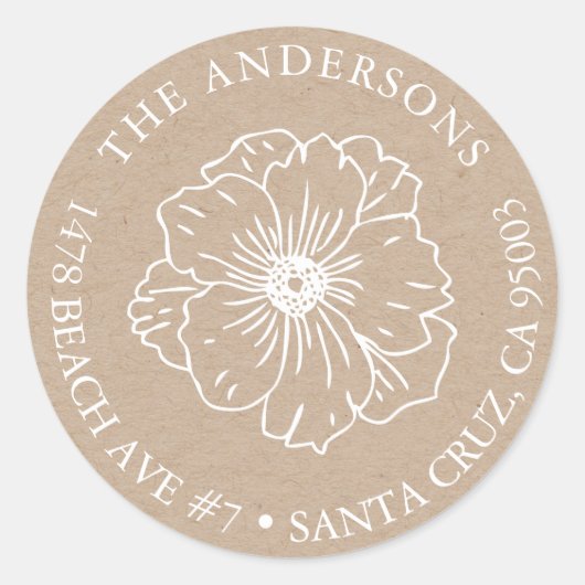 Kraft Papier adres sticker met een bloemetje (Voorkant)