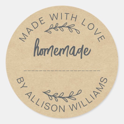 Kraft Papier Gemaakt Met Liefde Thuisgemaakt Voeds Ronde Sticker (Voorkant)