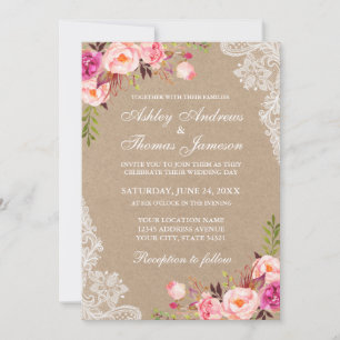 Kraft Pink Blush Floral Lace Wedding Invitation