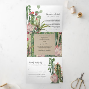 KRAFT PINK FLORAL CACTI FOLIAGE WATERVERF WEDDING DRIELUIK UITNODIGING