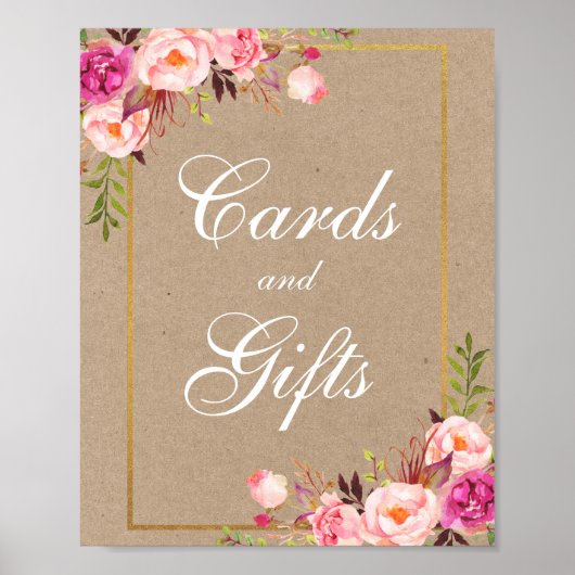 Kraft Pink Floral Gold Wedding Cards Poster (Voorkant)