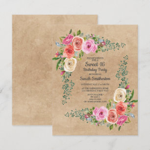 Kraft Pink Ivory Waterverf Floral Sweet 16 Kaart