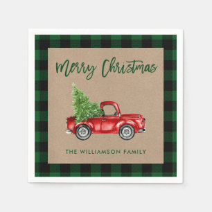 Kraft Plaid Brush Script Christmas Truck Servet