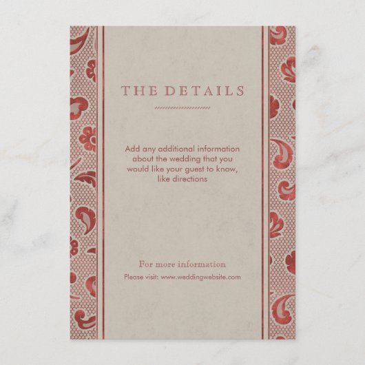 Kraft red Lace rustic country bruiloft card Informatiekaartje (Voorkant)