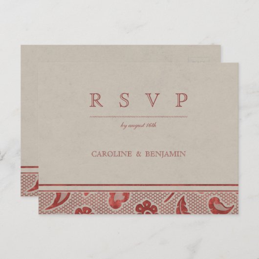 Kraft red Lace rustic country bruiloft RSVP Uitnodiging Briefkaart (Voorkant / Achterkant)