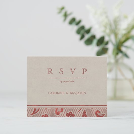 Kraft red Lace rustic country bruiloft RSVP Uitnodiging Briefkaart (Staand voorkant)