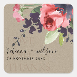 KRAFT RED ROSE FLORAL LOVE AND BEDANKT WEDING VIERKANTE STICKER