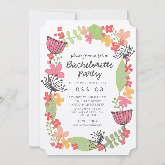 Kraft Rustic Floral Border Bachelorette Party Invi Kaart (Voorkant)