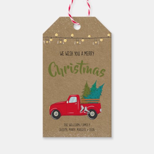 Kraft Rustic Kerstmis Truck String Lights Cadeaulabel (Voorkant)