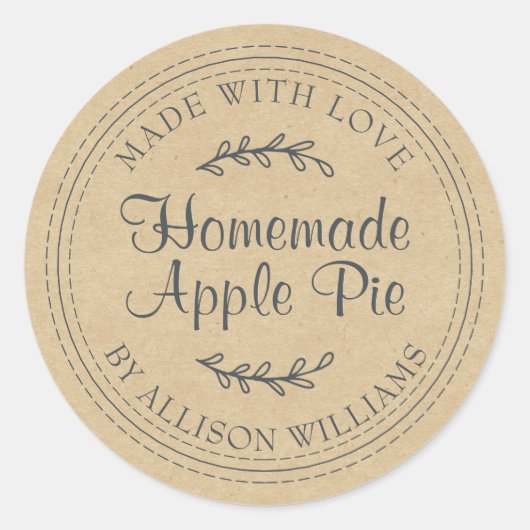 Kraft Rustic Script Appeltaart Voedseletiket Ronde Sticker (Voorkant)