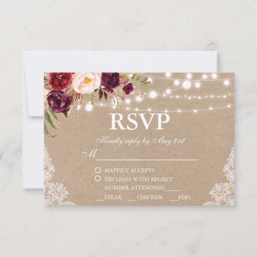 Kraft Rustic Wedding Lace Floral RSVP w/Meal (Voorkant)