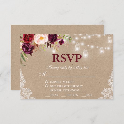 Kraft Rustique Mariage Jar Lights Lace Floral RSVP (Devant / Derrière)