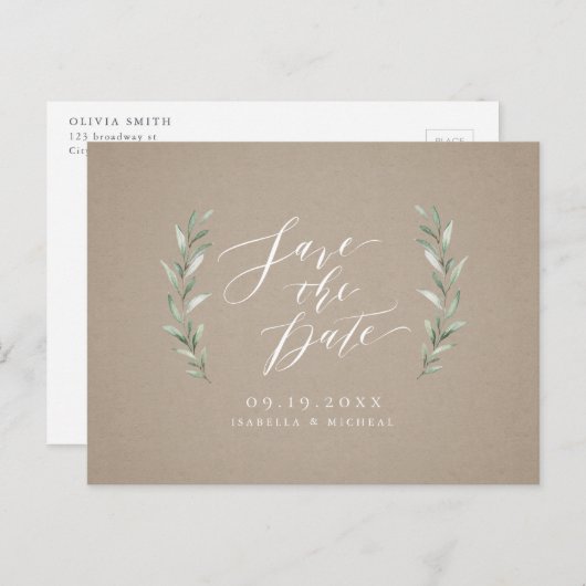 Kraft Simple calligraphy rustic greenery bruiloft Aankondigingskaart (Voorkant / Achterkant)