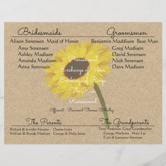 Kraft Sunflower Mariée programme de mariage Flyers (Dos)