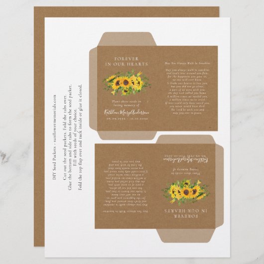 Kraft Sunflower Memorial Seed Packet DIY Sjabloon (Voorkant / Achterkant)