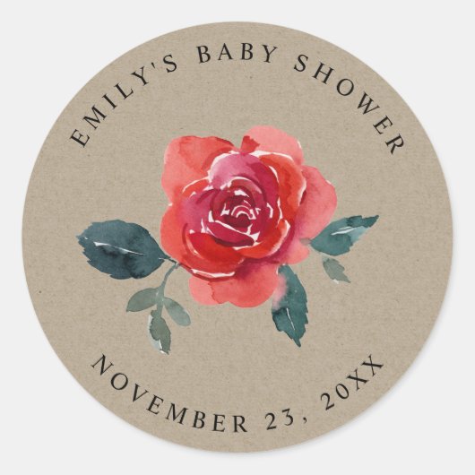 KRAFT WATERVERF RED GREEN ROOS FLORAL BABY SHOWER RONDE STICKER (Voorkant)