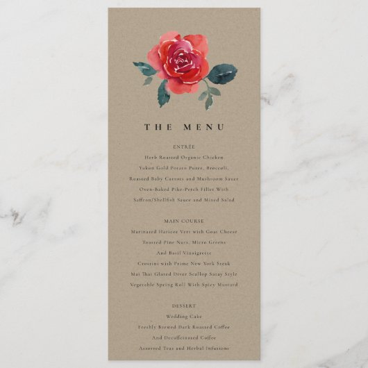 KRAFT WATERVERF RED GREEN ROOS FLORAL WEDING MENU (Voorkant)