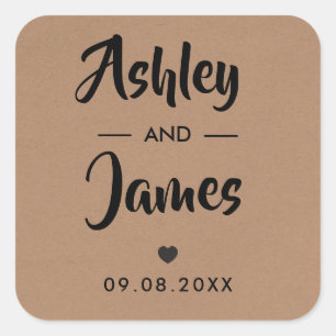 Kraft Wedding Favor Sticker, gepersonaliseerd, Nam Vierkante Sticker