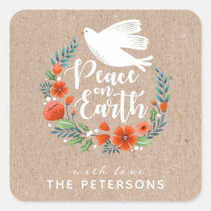 Kraft White Dove Peace on Earth Kerstmis Vierkante Sticker