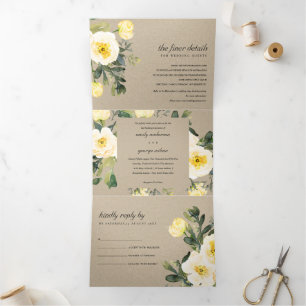 KRAFT WHITE YELLOW PEONY FLORAL WATERVERF WEDING DRIELUIK UITNODIGING