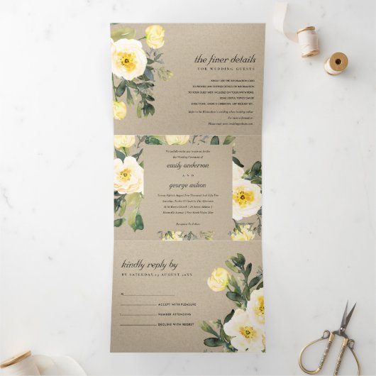 KRAFT WHITE YELLOW PEONY FLORAL WATERVERF WEDING DRIELUIK UITNODIGING (Binnen)
