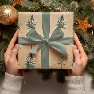 Kraft Winter Pine Green Waterverf Tree Cadeaupapier