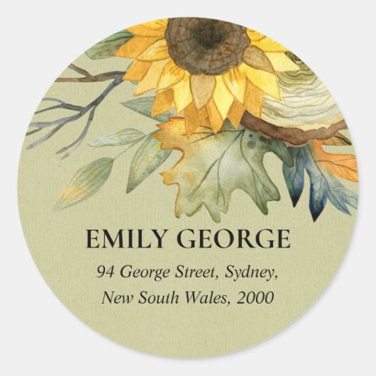 KRAFT YELLOW SUNFLOWER WATERVERF FLORAAL ADRES RONDE STICKER (Voorkant)
