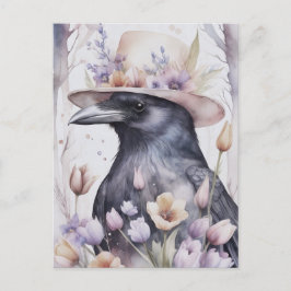 Krähe mit Hut im Frühling mit Blumen Watercolor Briefkaart