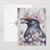 Krähe mit Hut im Frühling mit Blumen Watercolor Briefkaart (Voorkant / Achterkant)