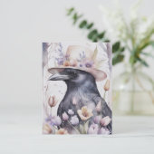 Krähe mit Hut im Frühling mit Blumen Watercolor Briefkaart (Staand voorkant)