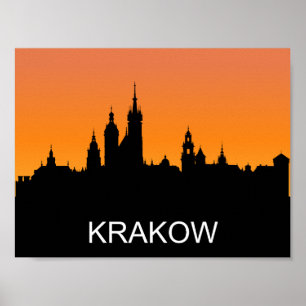Krakau silhouet, zomersonsondergang, illustratie poster