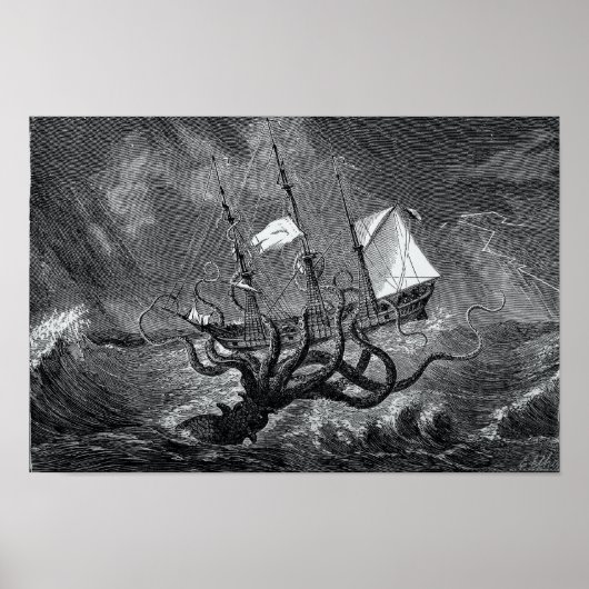 Kraken Attacking Ship  etching Poster (Voorkant)